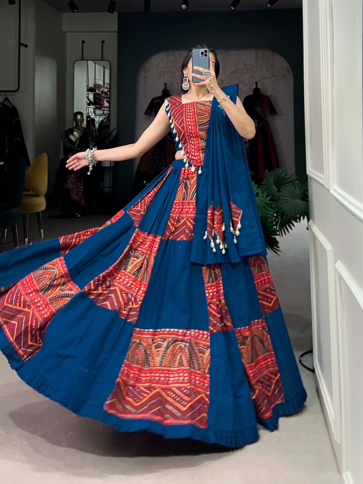 Premium Navy Blue Printed Navratri Lehenga Choli with Dupatta for Women | Traditional Garba Chaniya Choli | Festive Ethnic Wear