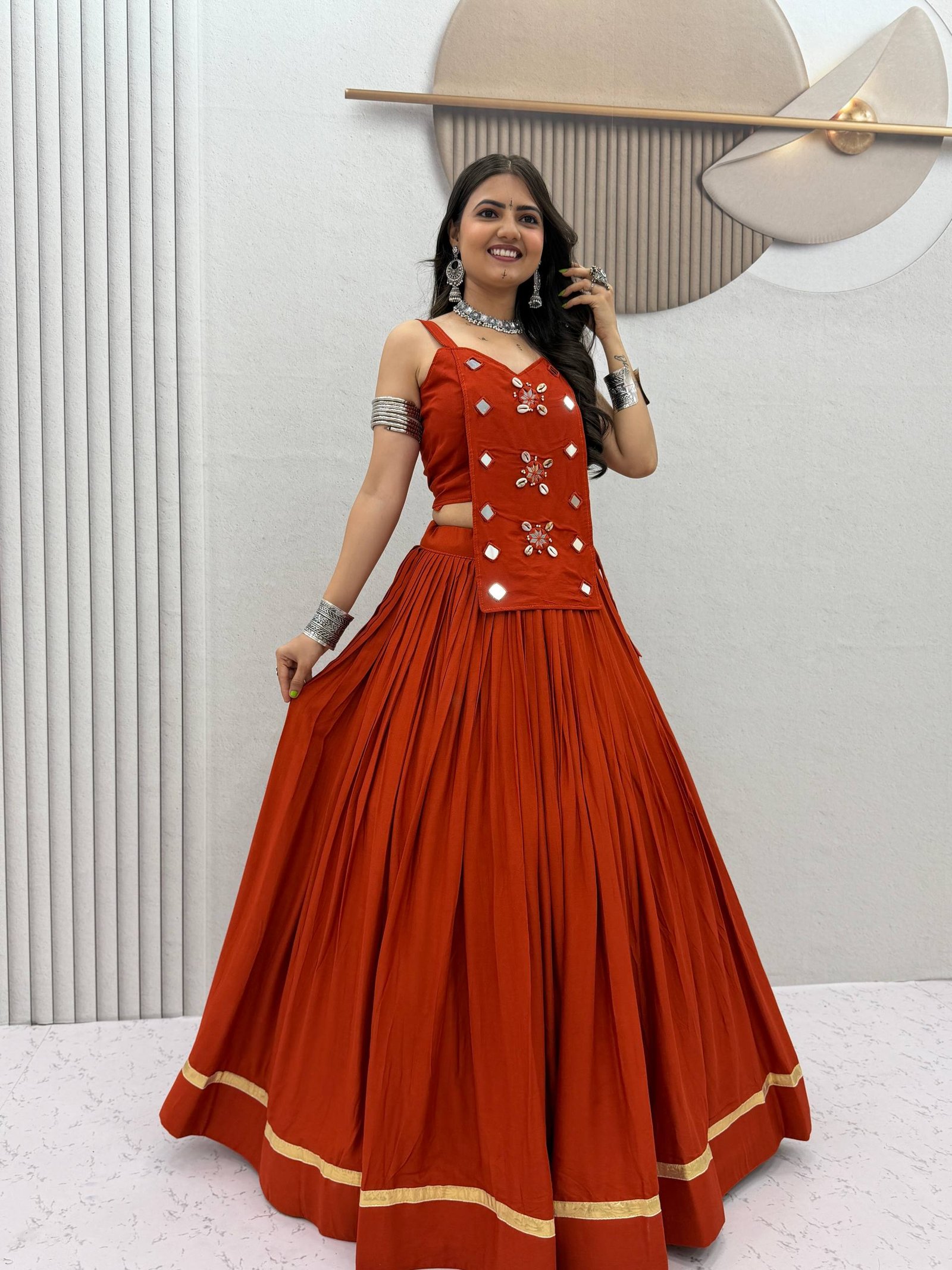 Women's Pleated Navratri Chaniya Choli with Mirror Work