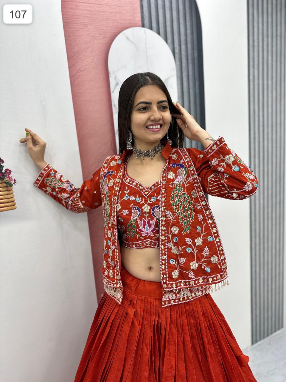 Embroidered Crop Top and Flared Skirt Set with Matching Koti Jacket