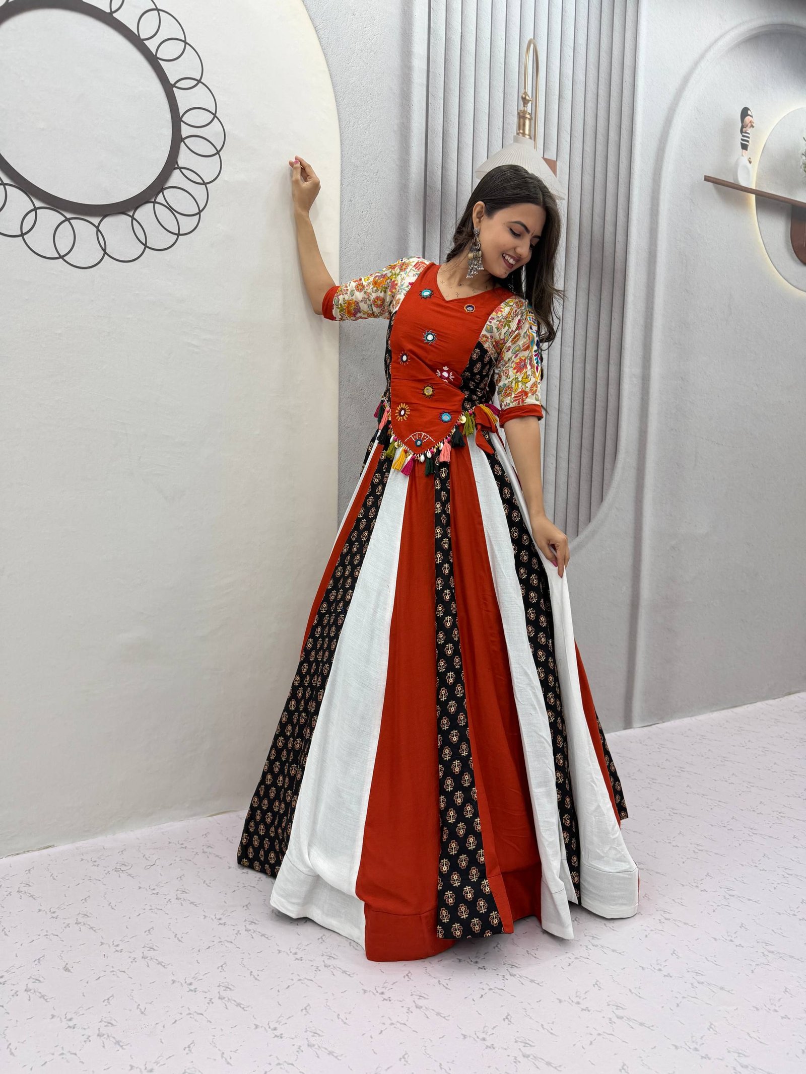 Women's Rust Orange & White Navratri Chaniya Choli with Mirror Work