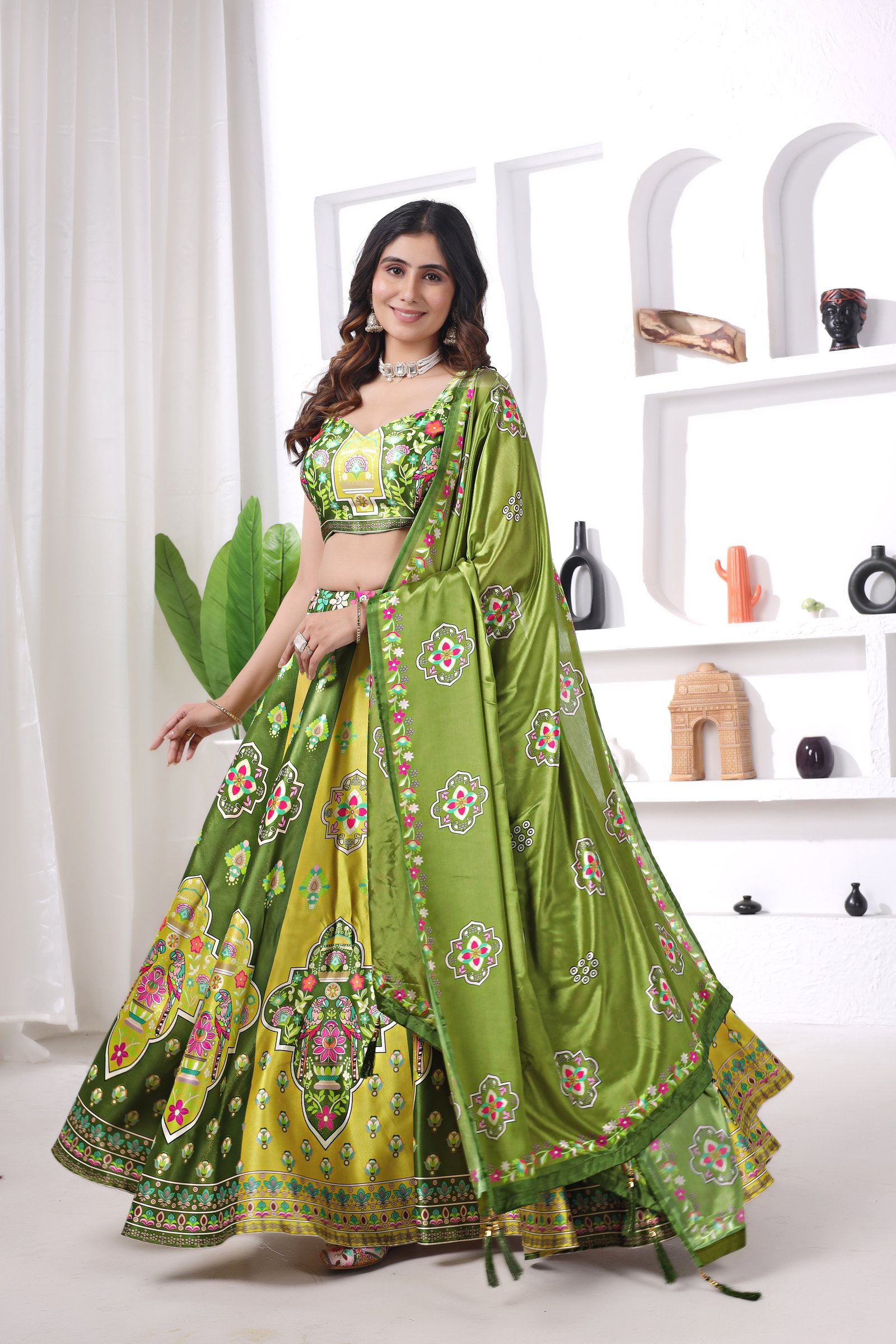Women's Green Printed Satin Lehenga Choli with Dupatta | Festive & Navratri Wear