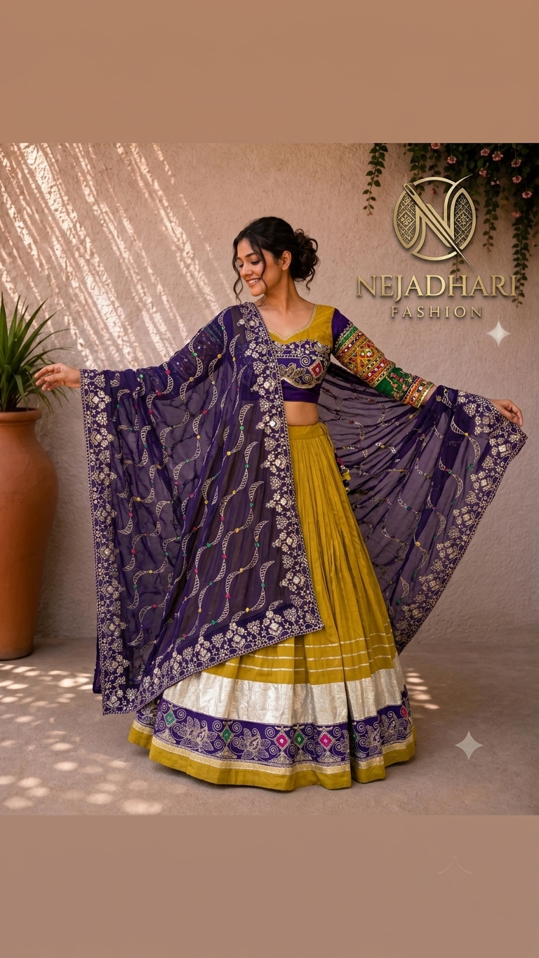 Premium Mustard Yellow & Purple Navratri Lehenga Choli with Printed Dupatta