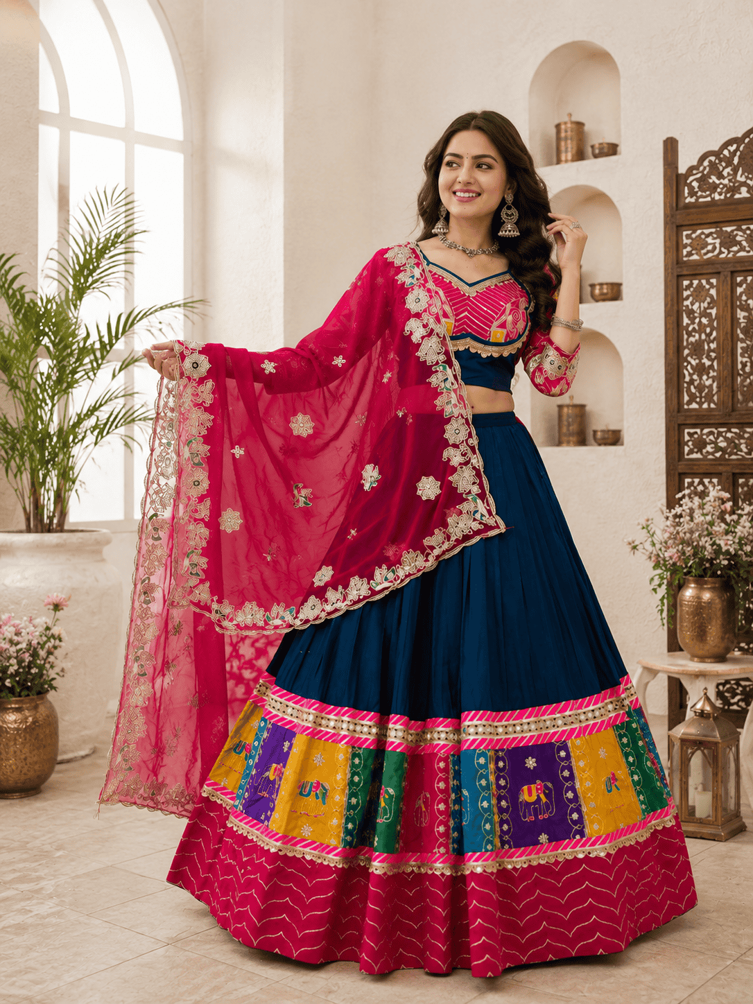 Navratri Chaniya Choli for Women with Pink Embroidered Dupatta – Designer Garba Lehenga