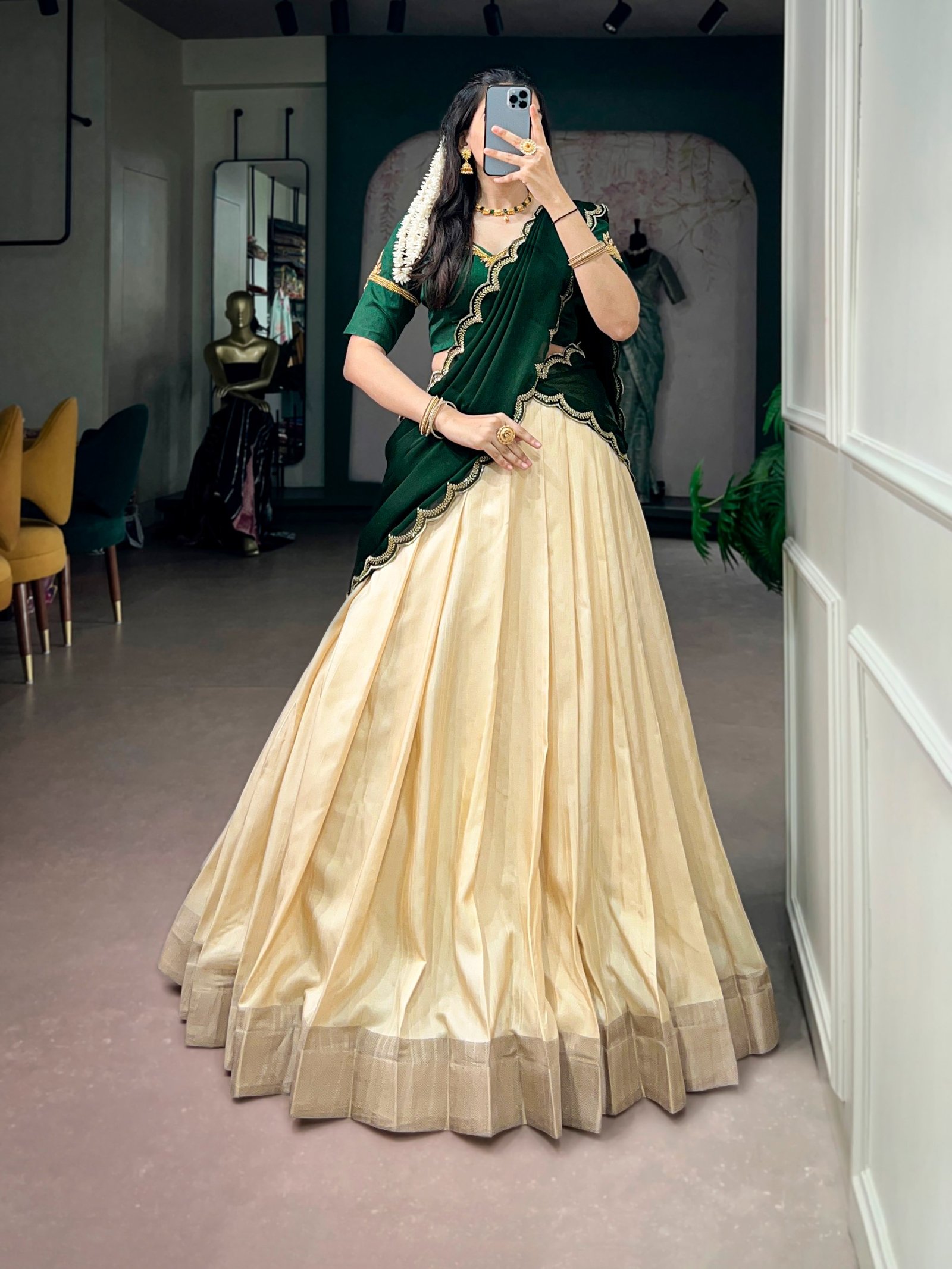 Premium Dark Green & Cream Silk Lehenga Choli with Scalloped Dupatta | Traditional Festive Wear for Wedding, Haldi & Party