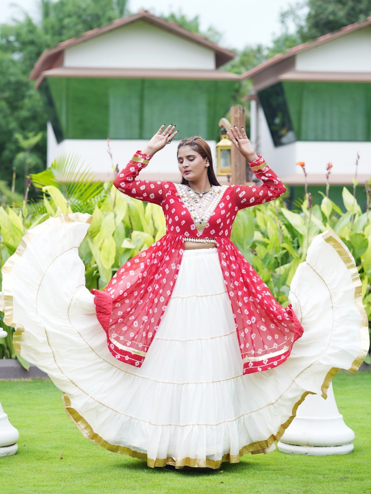 Designer Bandhani Style Jacket Top with Flared Lehenga Skirt for Women