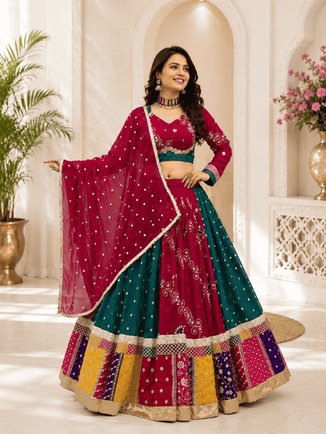 Multi Color Navratri Lehenga Choli for Women with Bandhani Design