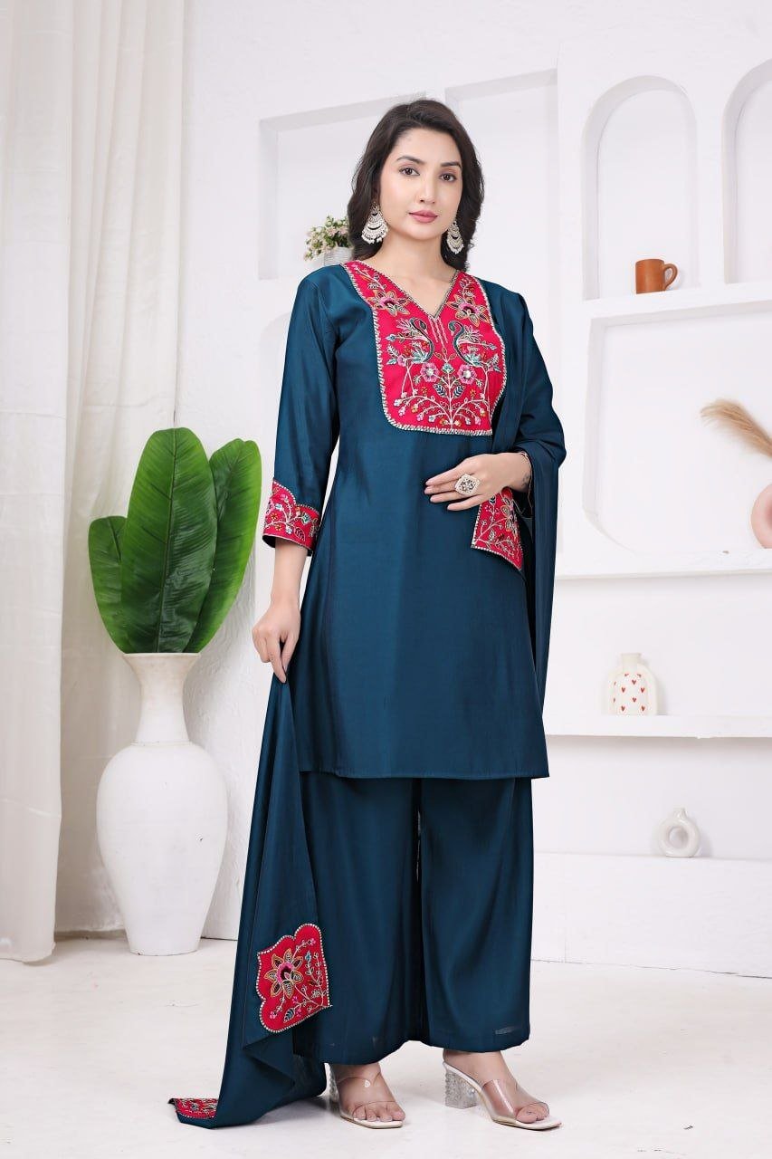 Elegant Mal Chanderi Cotton Kurti Set for Women | Embroidered 3-Piece Suit