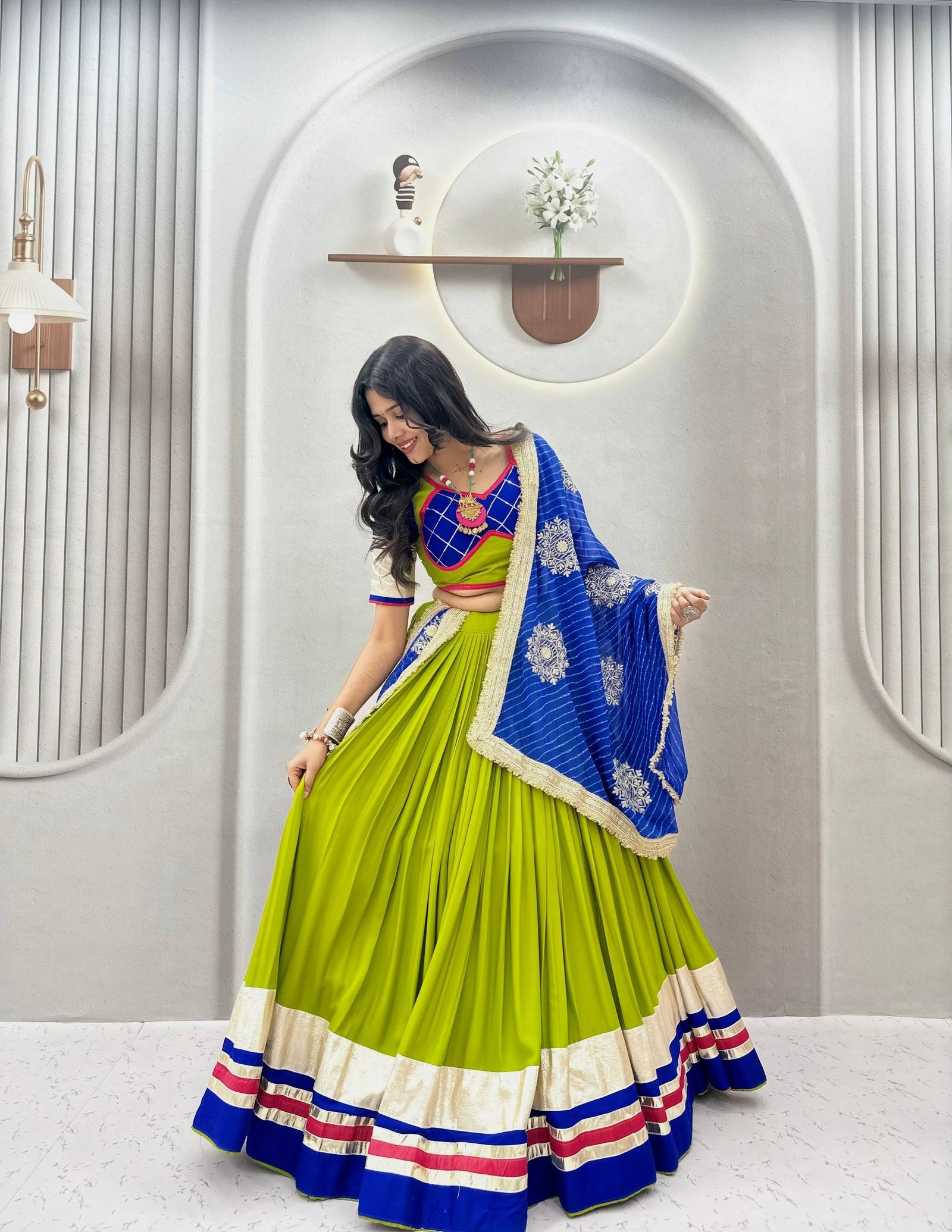 Women's Designer Navratri Chaniya Choli with Pleated Lehenga & Dupatta | Garba Dress