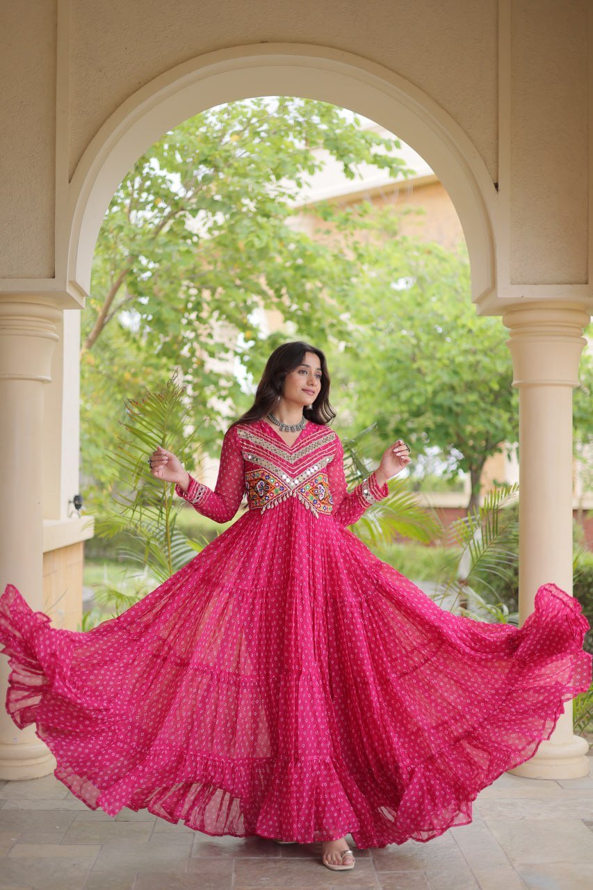Designer Bandhani Anarkali Gown for Women with Embroidered Yoke