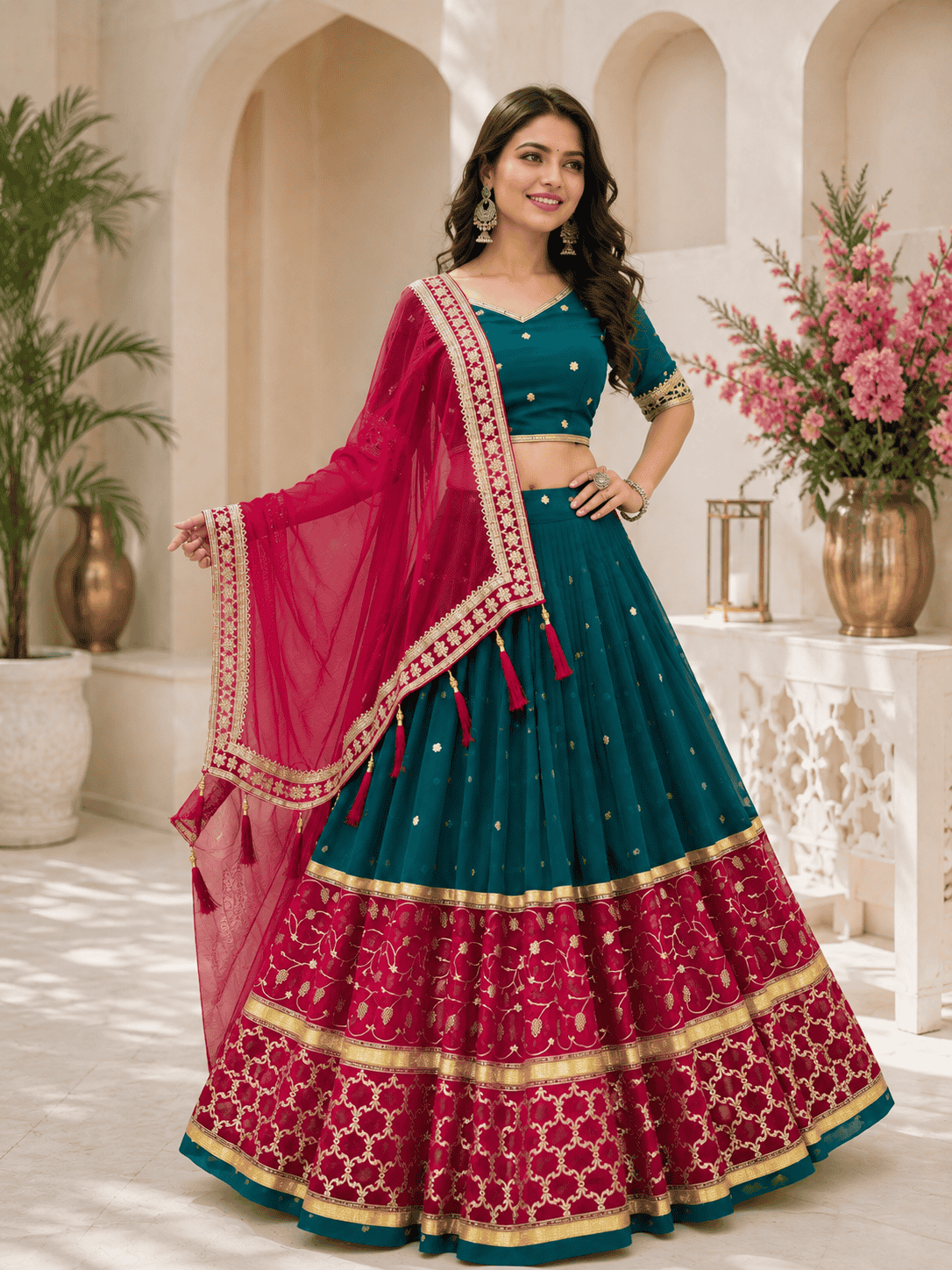 Teal & Magenta Navratri Lehenga Choli for Women with Embroidery