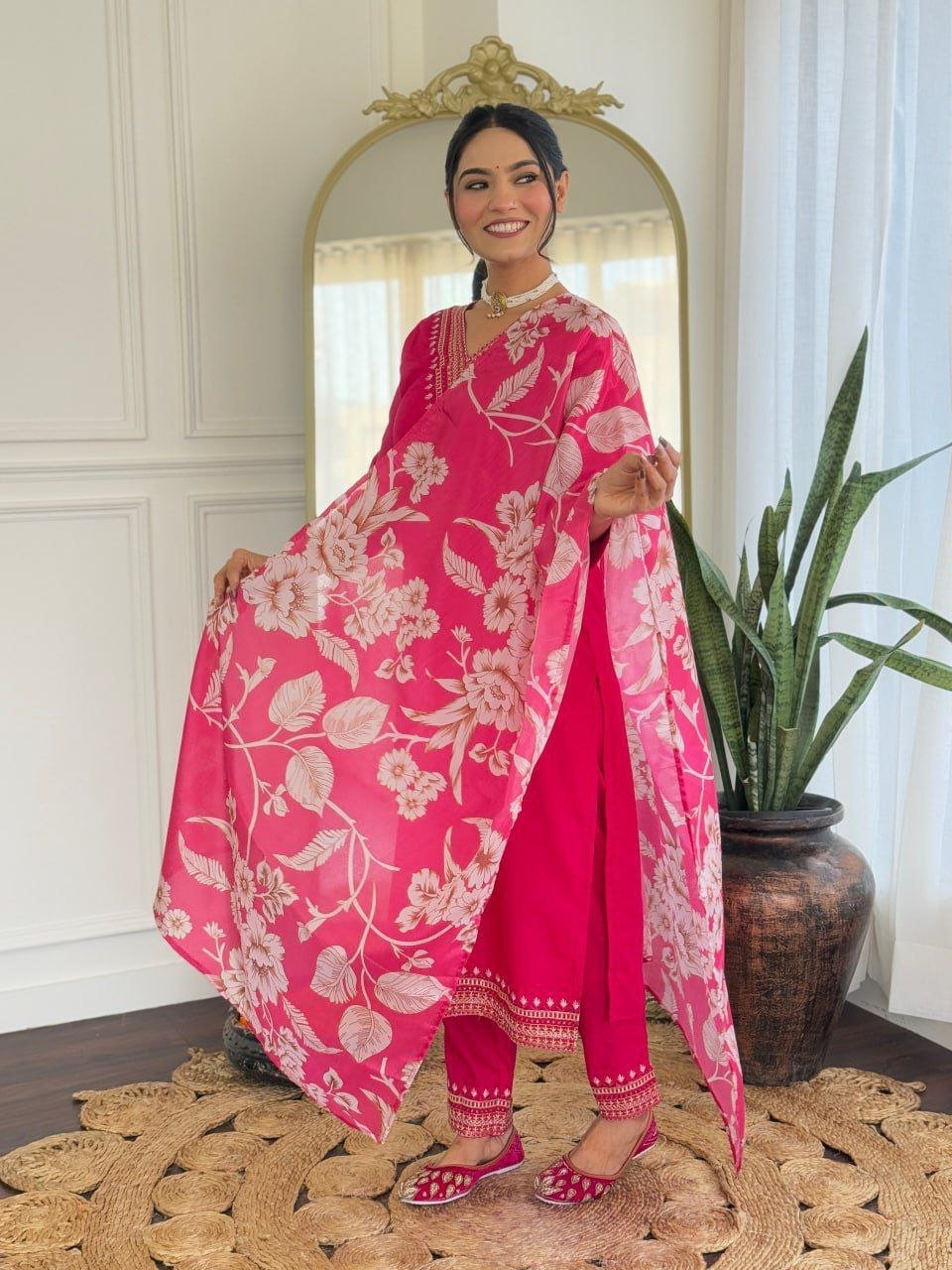 Rani Pink Zari Embroidered Kurta Set with Floral Printed Organza Dupatta
