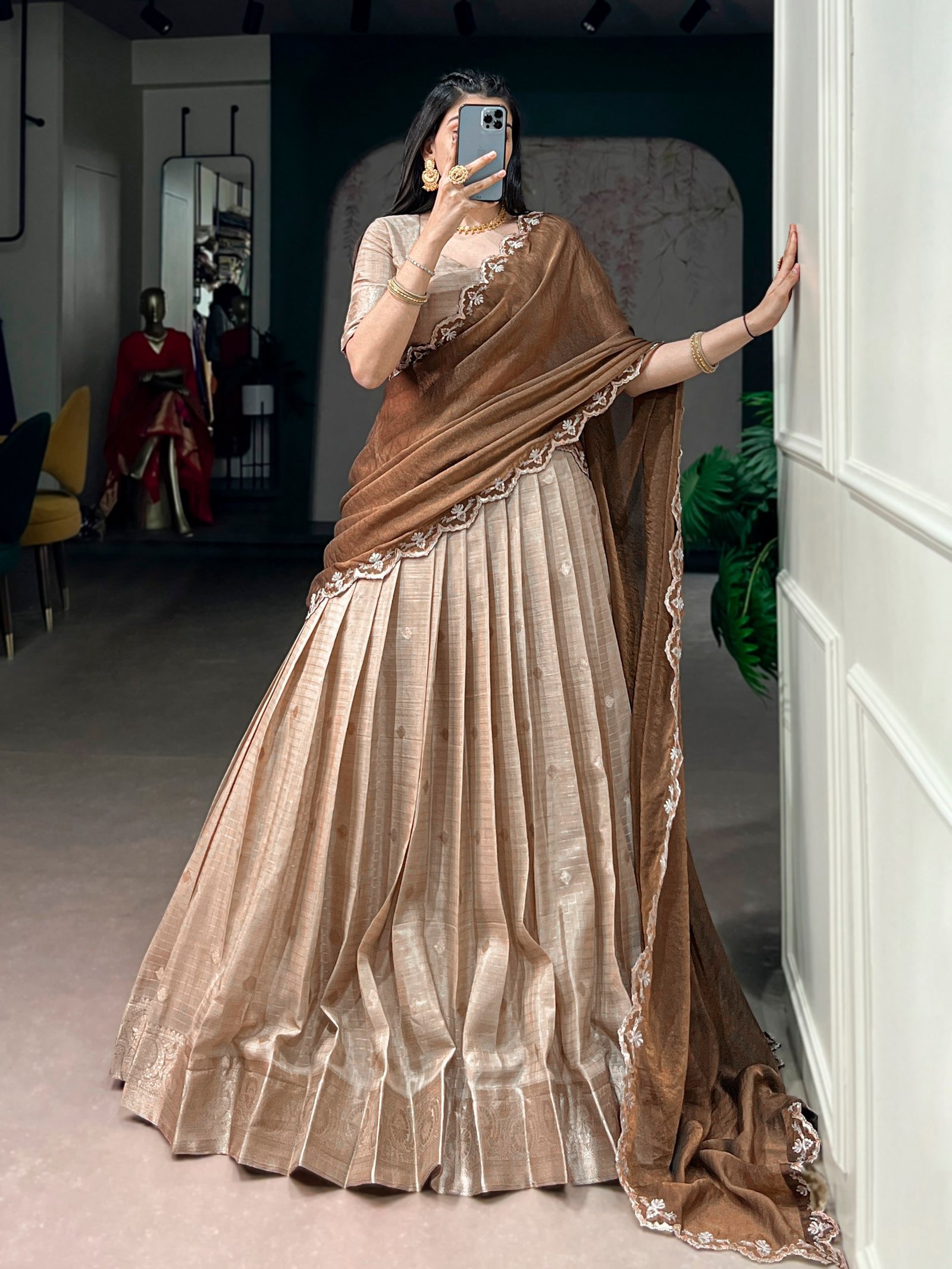 Exclusive Chinon Checks Lehenga Choli | Designer Onam, Reception & Celebration Wear