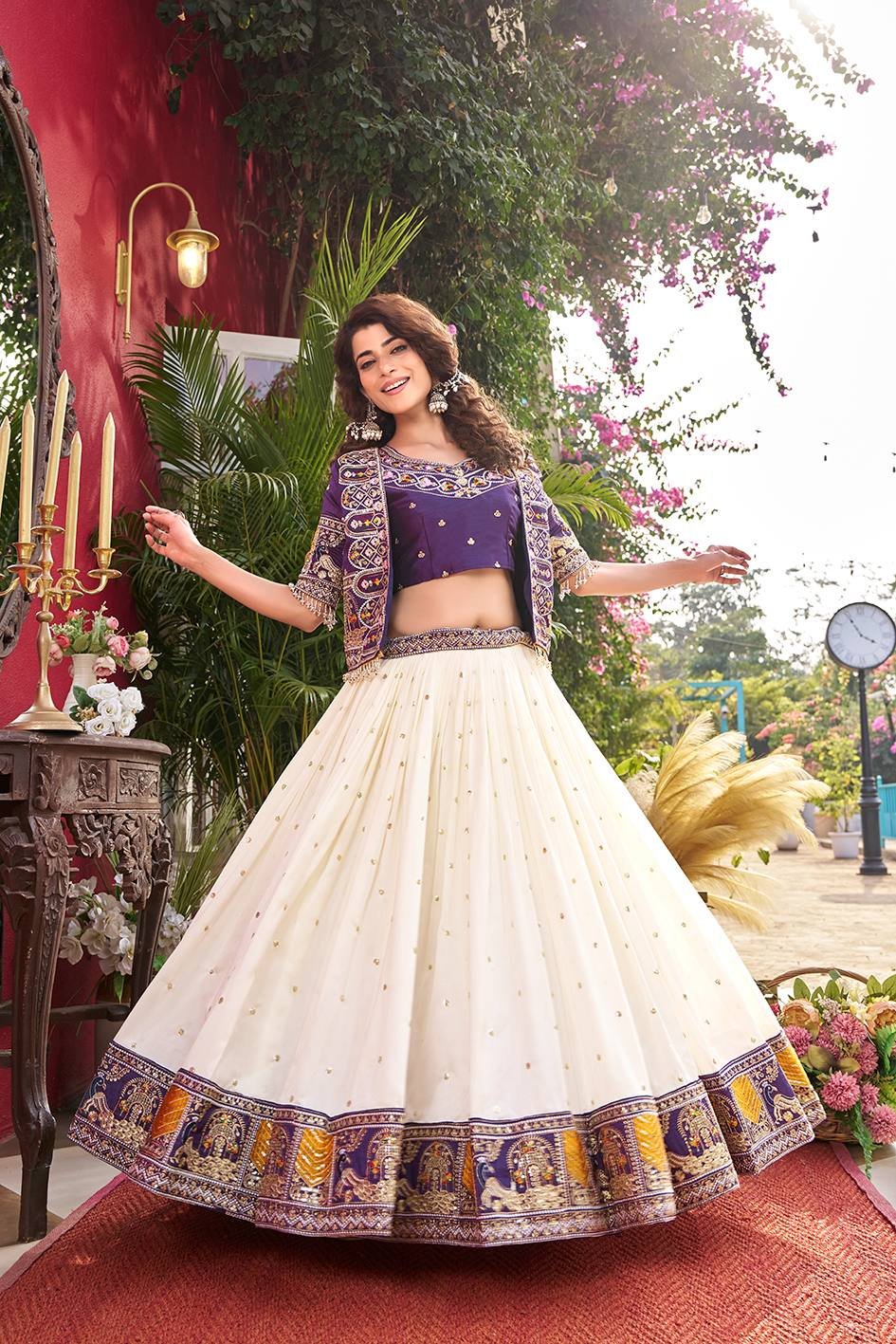 Traditional Embroidered Choli with Designer Jacket and Printed Lehenga