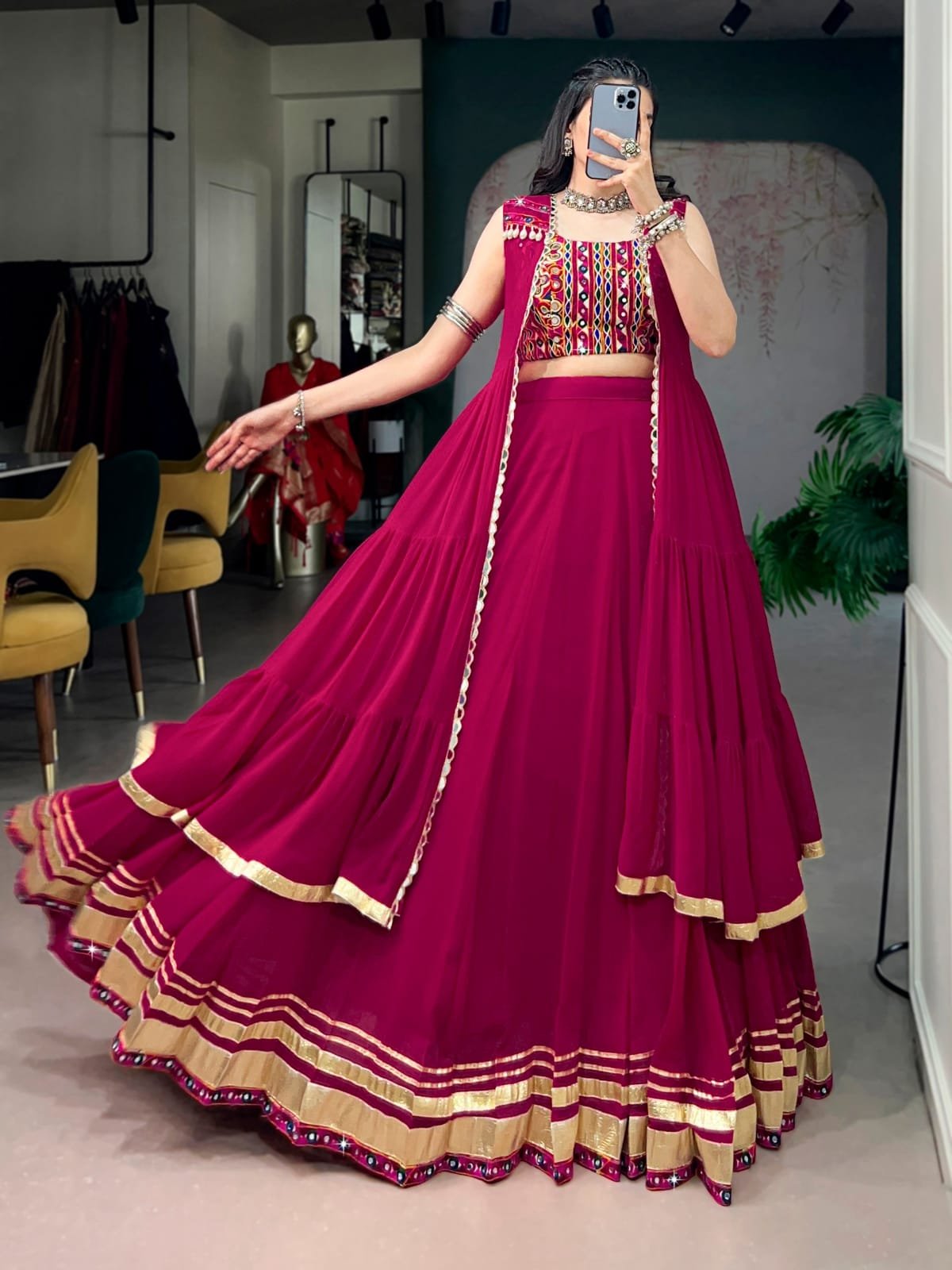 Maroon Rayon Navratri Lehenga Choli with Embroidered Blouse & Long Shrug | Traditional Garba Chaniya Choli for Women