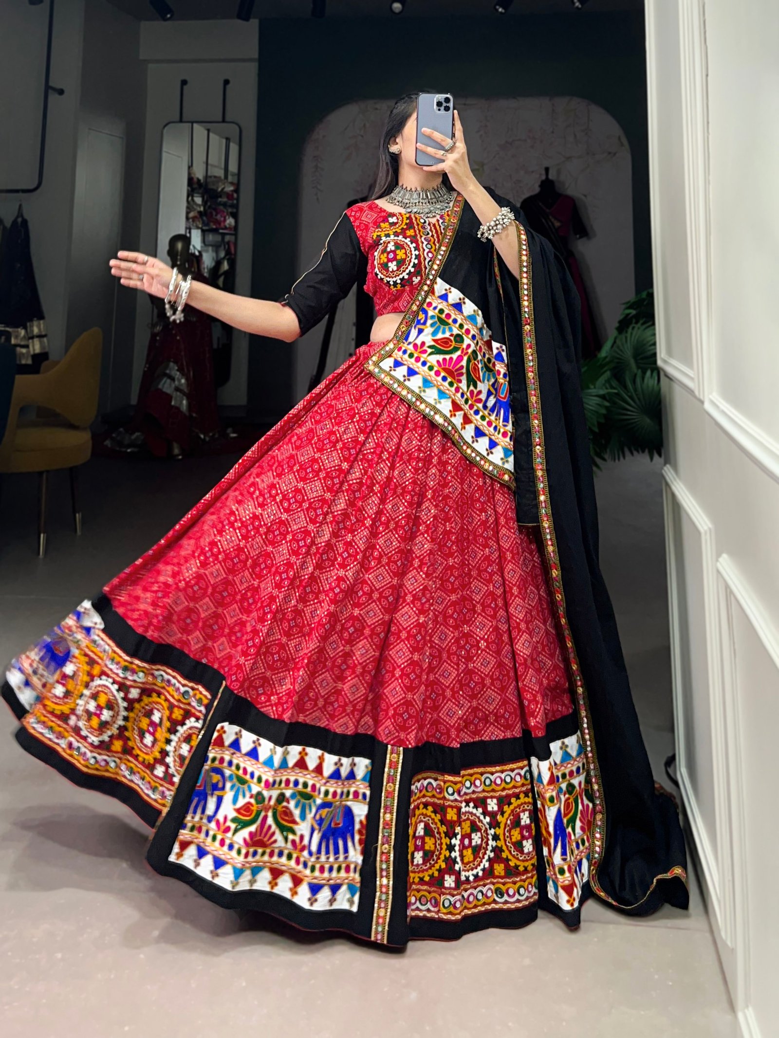 Women's Red Navratri Chaniya Choli with Kutchi Embroidery & Black Dupatta