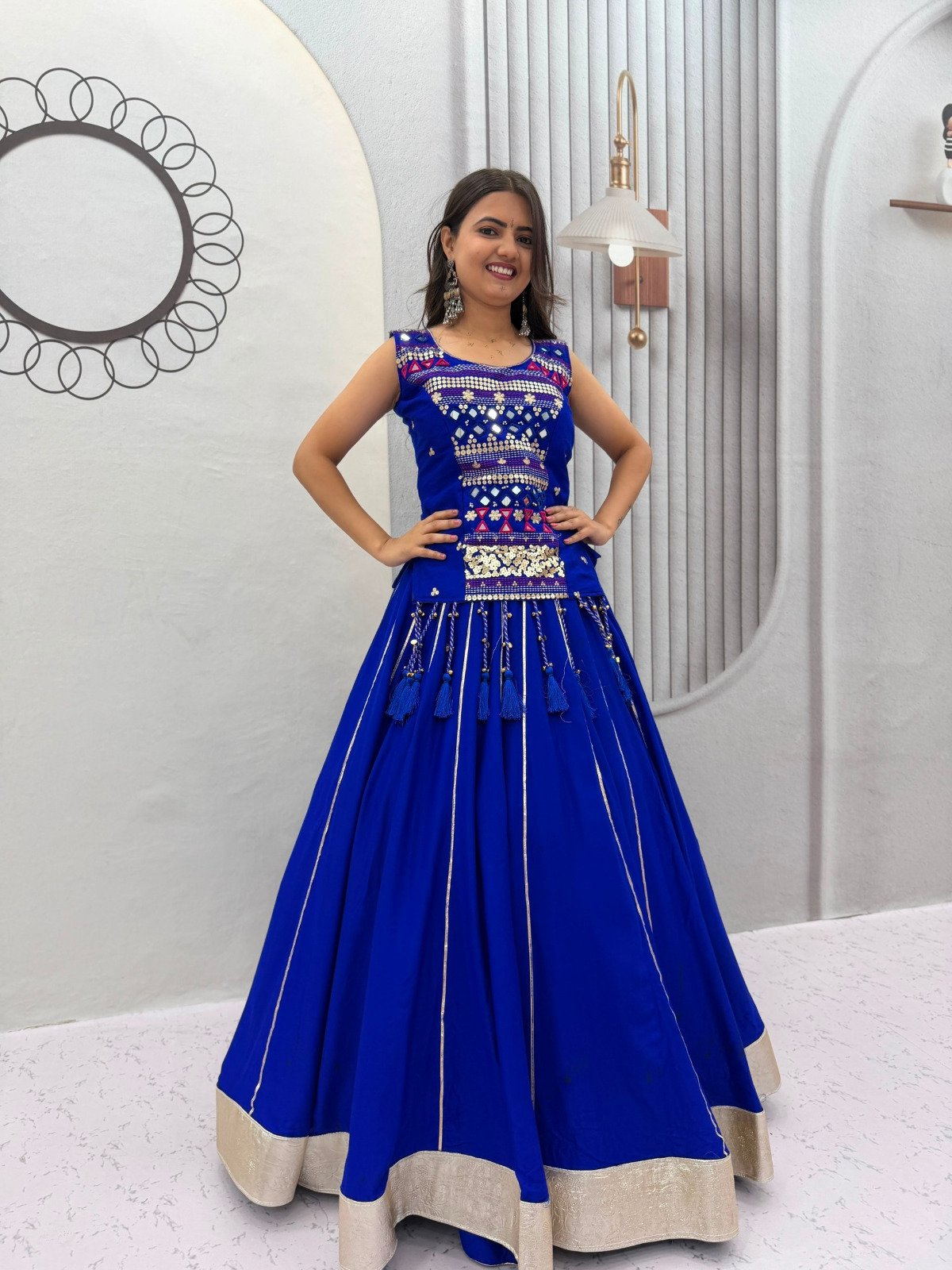 Women's Premium Embroidered Flared Tredishnal Choli | Mirror Work Ethnic Dress | Party Wear |  Festive Collection | Red And Blue