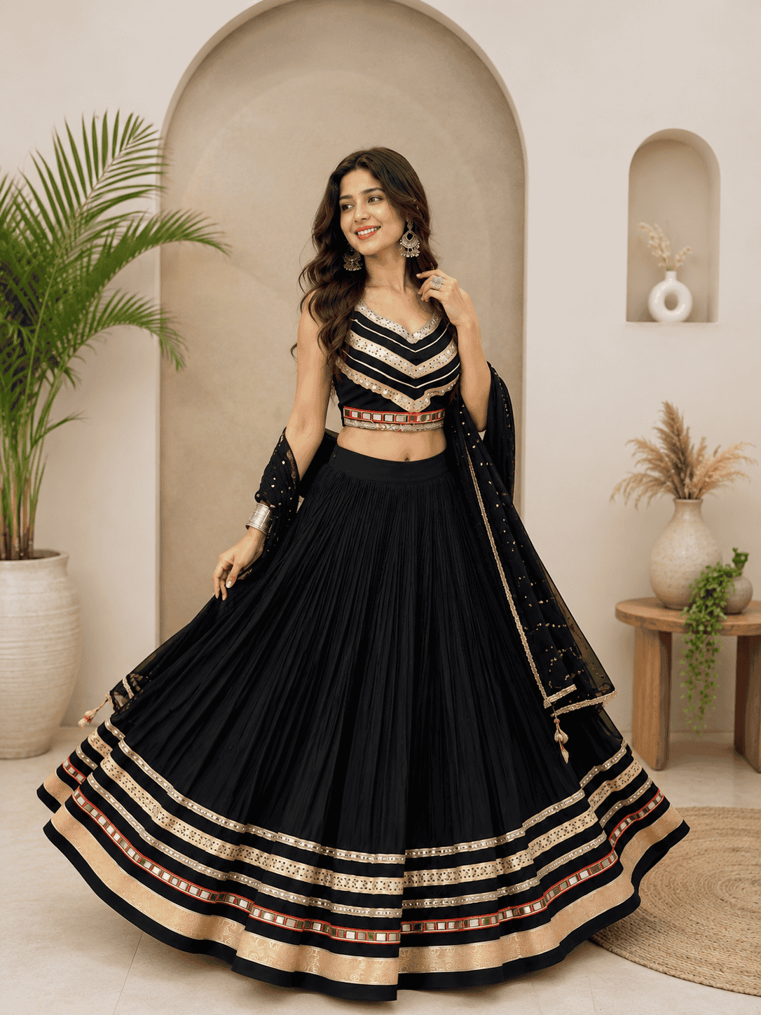 Black Navratri Lehenga Choli for Women with Mirror Work & Dupatta