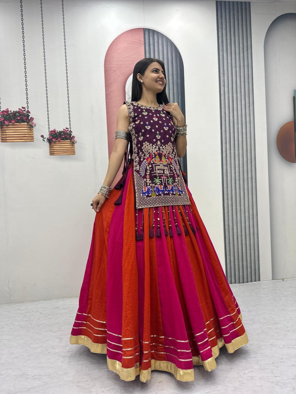 Traditional Embroidered Long Tunic Top and Dual-Tone Flared Lehenga Skirt Set