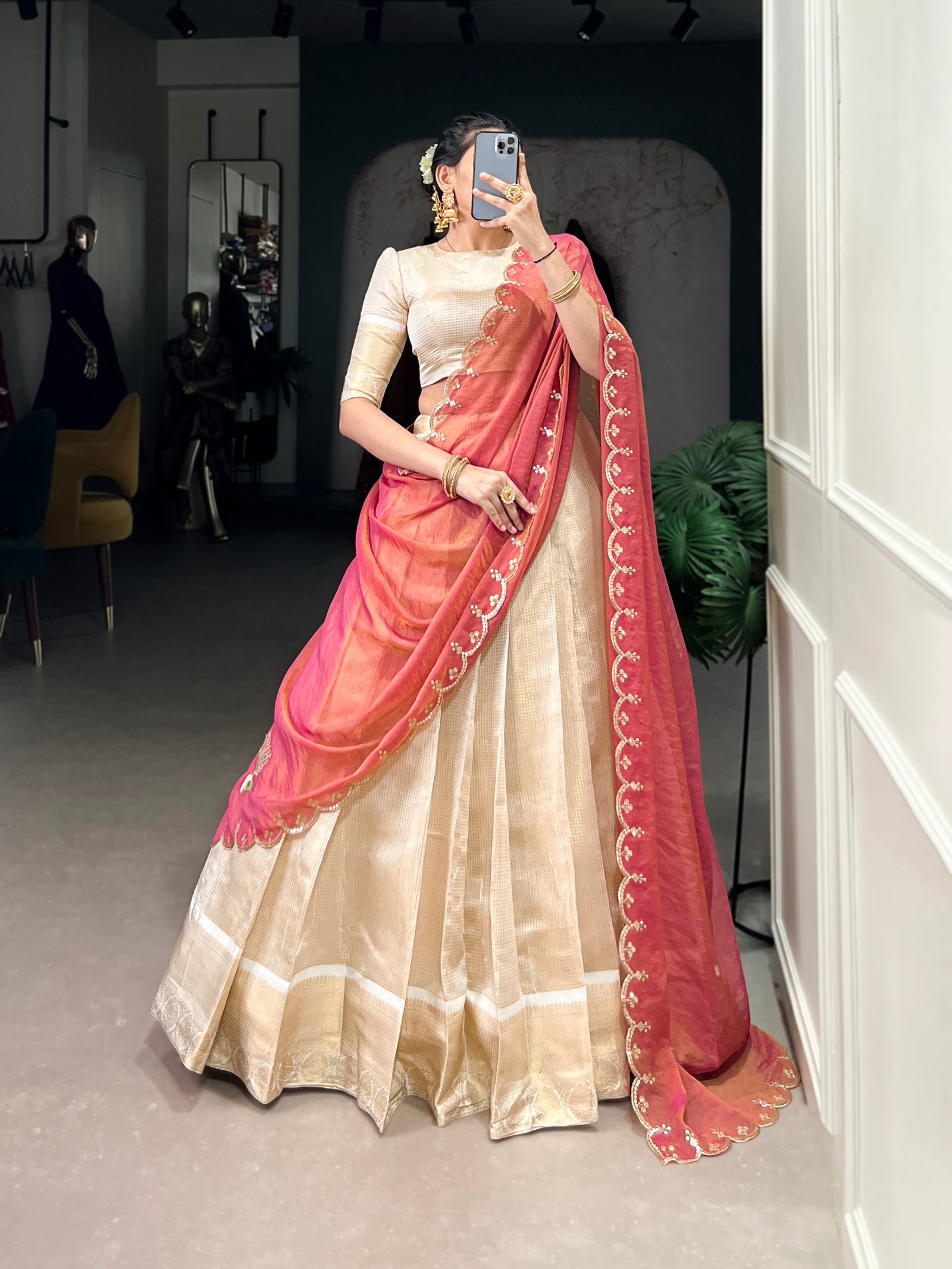 Jacquard Chex Zari Weaving Lehenga Choli with Embroidered Dupatta | Onam Special Traditional Festive Wear for Women