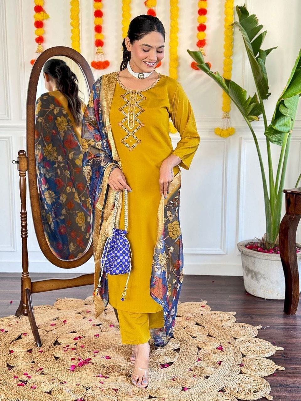 Mustard Yellow Embroidered Kurta Set with Kalamkari-Style Floral Dupatta