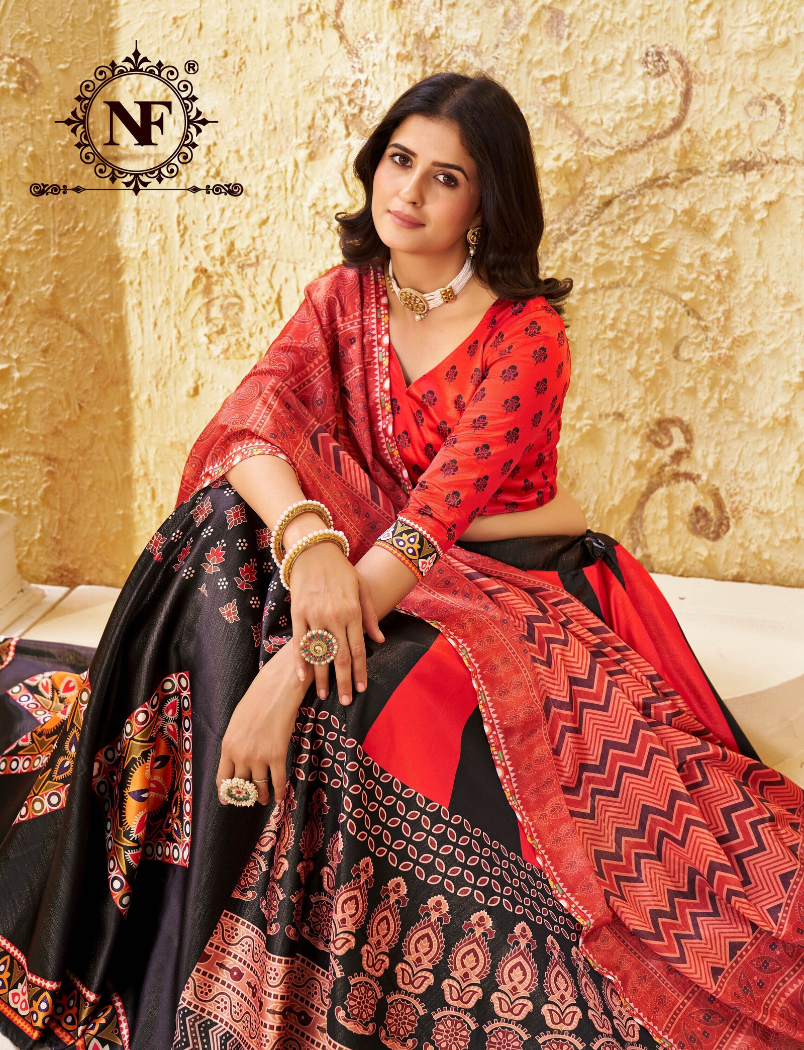 Traditional Black Ethnic Printed Lehenga Choli with Red Dupatta for Women
