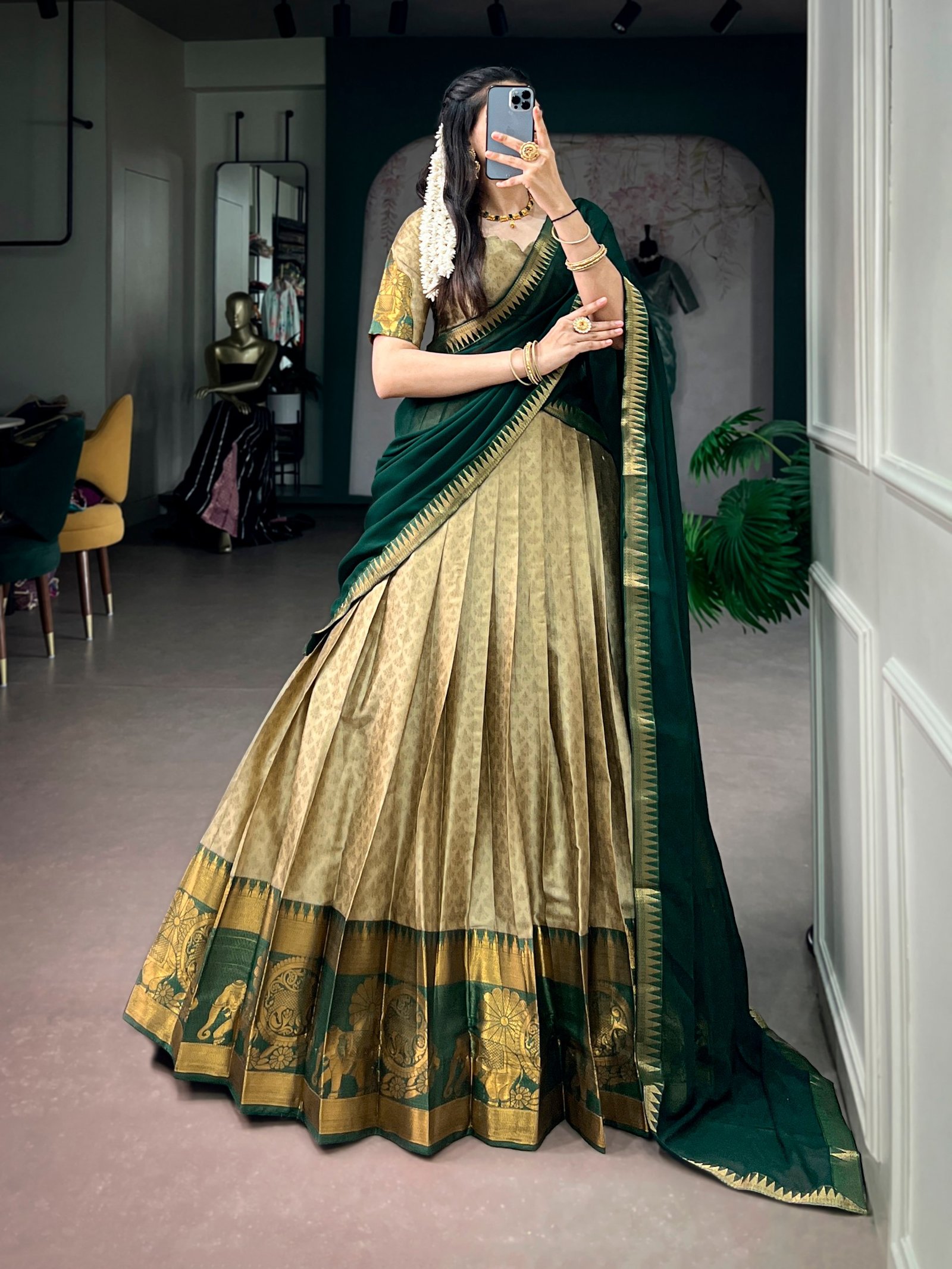 Designer Poly Kotha Tasar Lehenga Choli with Zari Border & Zardozi Blouse