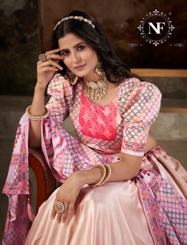 Elegant Peach & Pink Printed Silk Lehenga Set with Dupatta