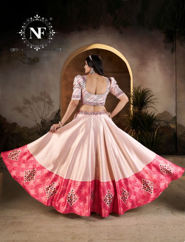 Elegant Peach & Pink Printed Silk Lehenga Set with Dupatta