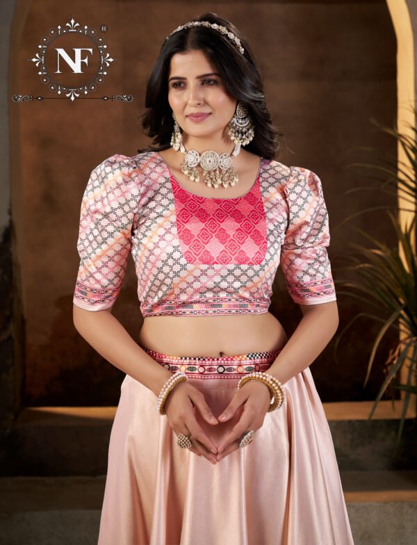 Elegant Peach & Pink Printed Silk Lehenga Set with Dupatta