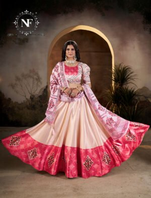 MurtiR153 (4) Elegant Peach & Pink Printed Silk Lehenga Set with Dupatta