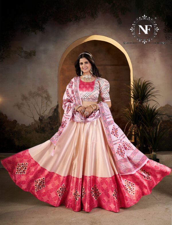 Elegant Peach & Pink Printed Silk Lehenga Set with Dupatta
