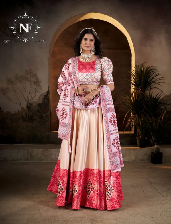 Elegant Peach & Pink Printed Silk Lehenga Set with Dupatta