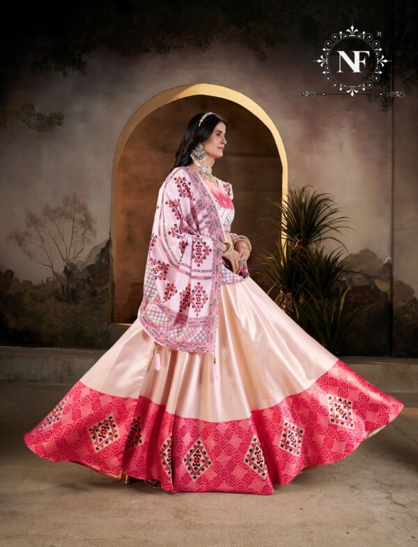 Elegant Peach & Pink Printed Silk Lehenga Set with Dupatta