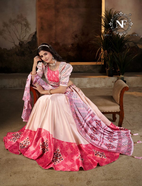 Elegant Peach & Pink Printed Silk Lehenga Set with Dupatta