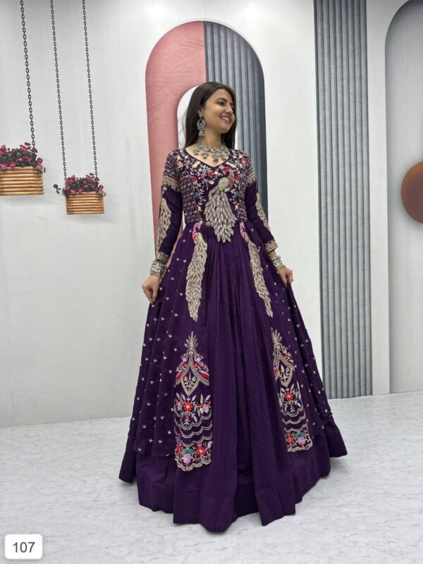 Royal Purple Embroidered Anarkali Gown with Peacock Motif Design