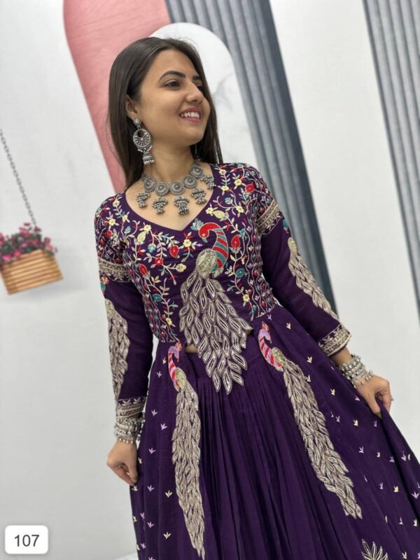 Royal Purple Embroidered Anarkali Gown with Peacock Motif Design