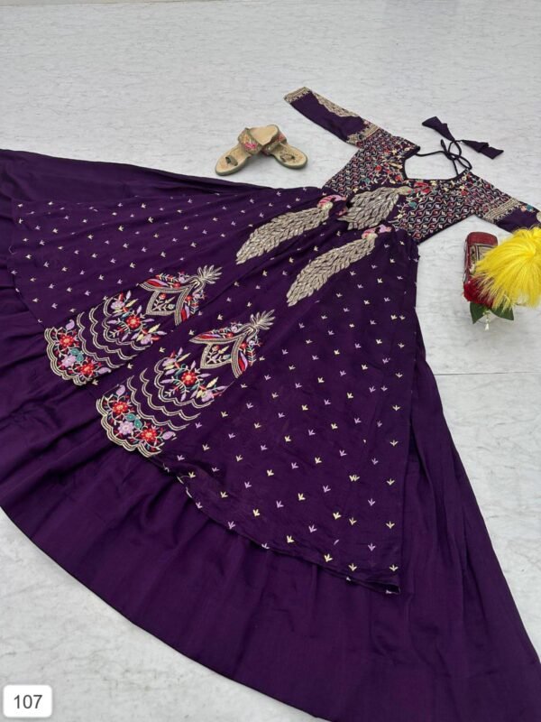 Royal Purple Embroidered Anarkali Gown with Peacock Motif Design