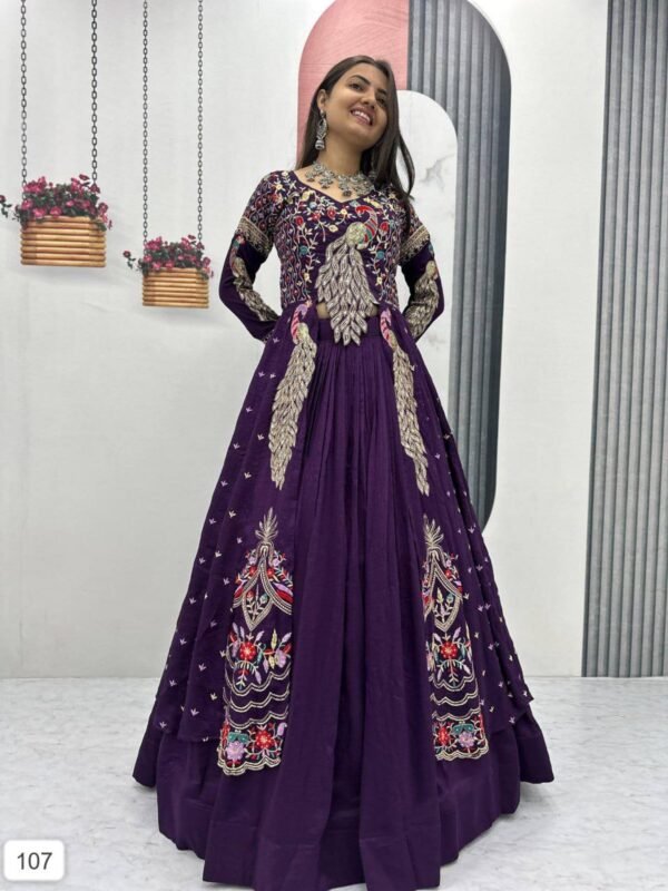 Royal Purple Embroidered Anarkali Gown with Peacock Motif Design