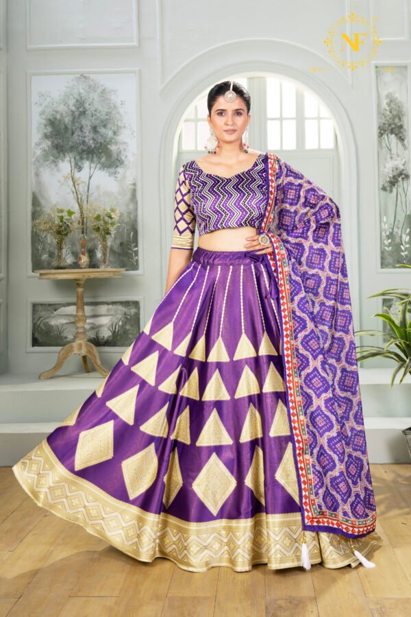Purple Zari Gota Satin Lehenga Choli with Golden Triangle & Diamond Weave Design