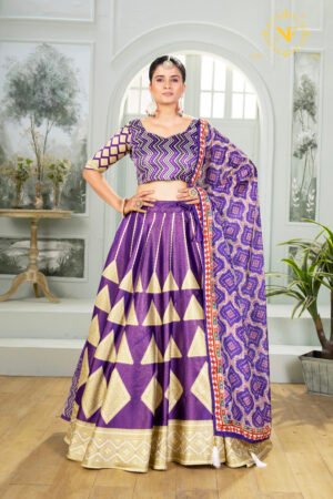 Purple Zari Gota Satin Lehenga Choli with Golden Triangle & Diamond Weave Design