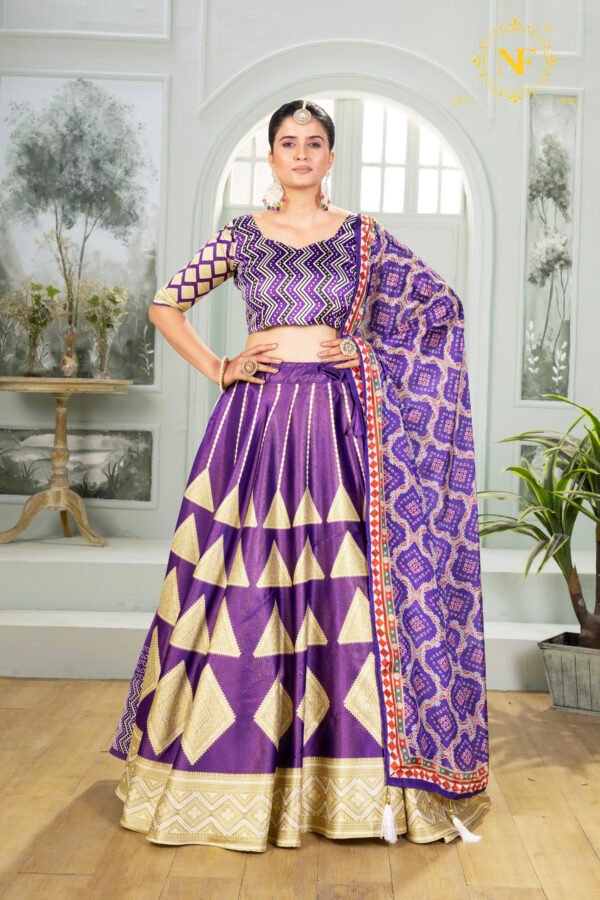 Purple Zari Gota Satin Lehenga Choli with Golden Triangle & Diamond Weave Design