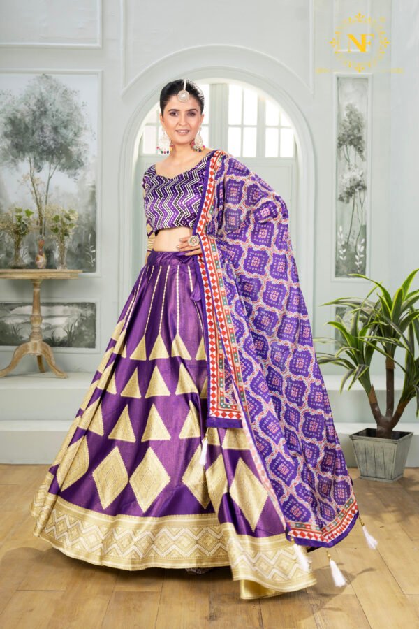 Purple Zari Gota Satin Lehenga Choli with Golden Triangle & Diamond Weave Design