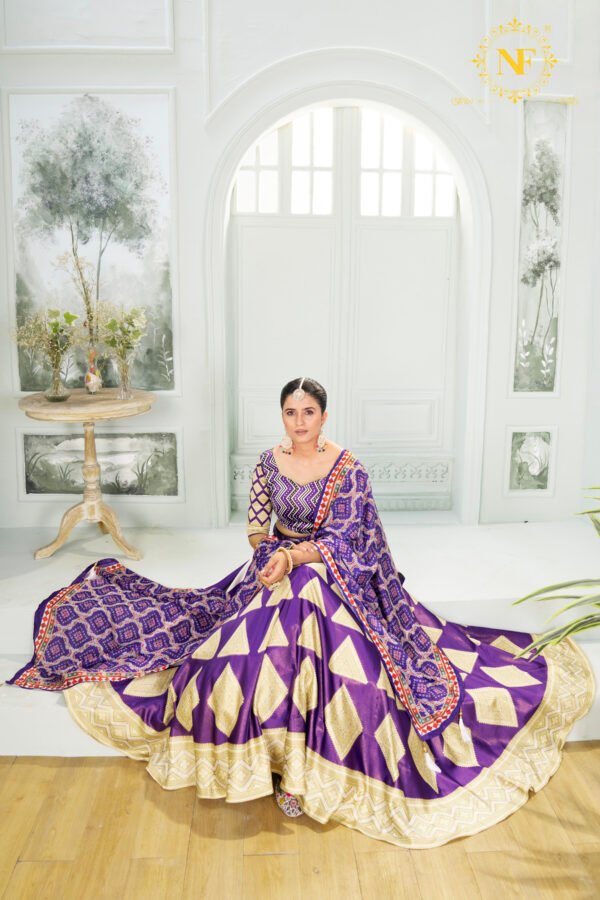 Purple Zari Gota Satin Lehenga Choli with Golden Triangle & Diamond Weave Design