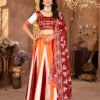 Designer Zari Gota Satin Lehenga Choli in Orange & Maroon With Geometric Print Dupatta