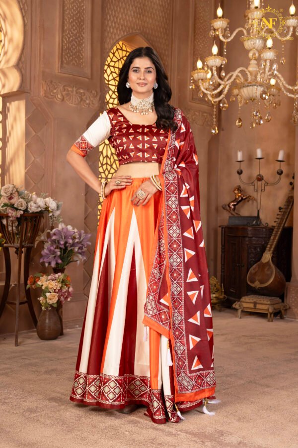 Designer Zari Gota Satin Lehenga Choli in Orange & Maroon With Geometric Print Dupatta