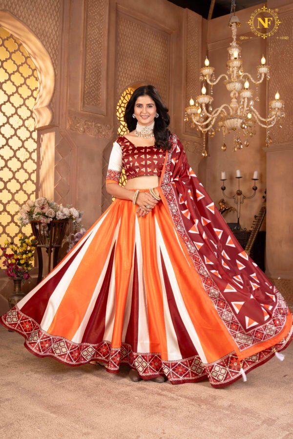 Designer Zari Gota Satin Lehenga Choli in Orange & Maroon With Geometric Print Dupatta