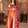 Designer Zari Gota Satin Lehenga Choli in Orange & Maroon With Geometric Print Dupatta
