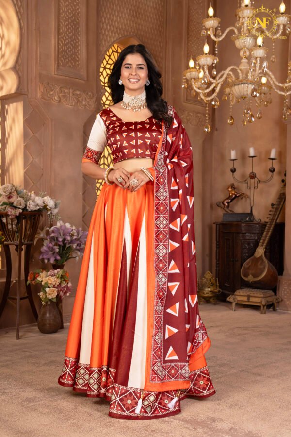 Designer Zari Gota Satin Lehenga Choli in Orange & Maroon With Geometric Print Dupatta