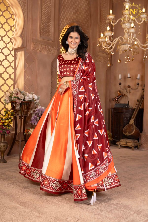 Designer Zari Gota Satin Lehenga Choli in Orange & Maroon With Geometric Print Dupatta