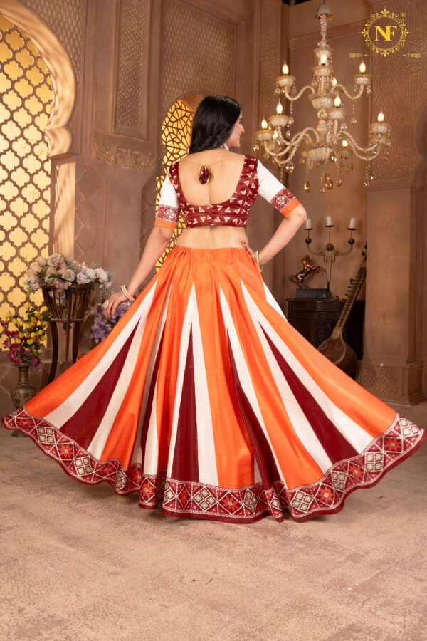 Designer Zari Gota Satin Lehenga Choli in Orange & Maroon With Geometric Print Dupatta